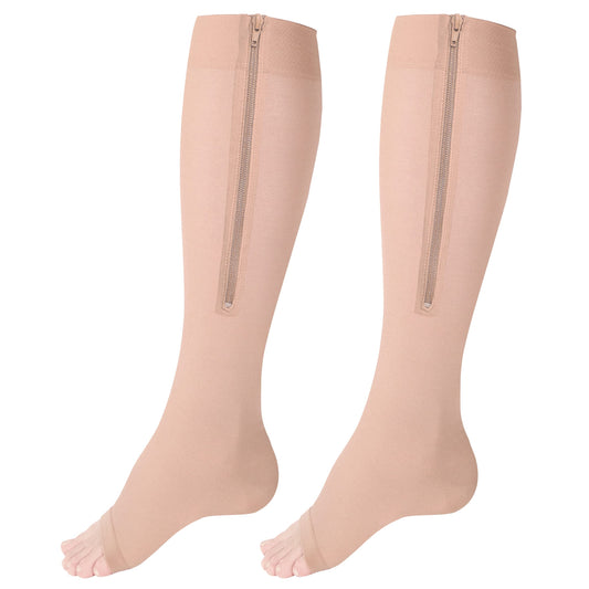 NuVein Medical Compression Stockings, 15-20 mmHg Support, Zipper Opening, Knee Length, Closed Toe, Beige, Medium
