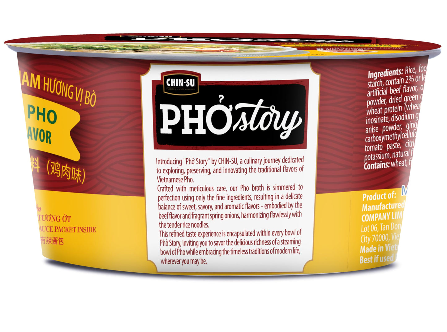 CHIN-SU Vietnamese Pho Noodle Bowl, Chicken Flavor, 2.4 oz, Instant Soup with Rice Noodles
