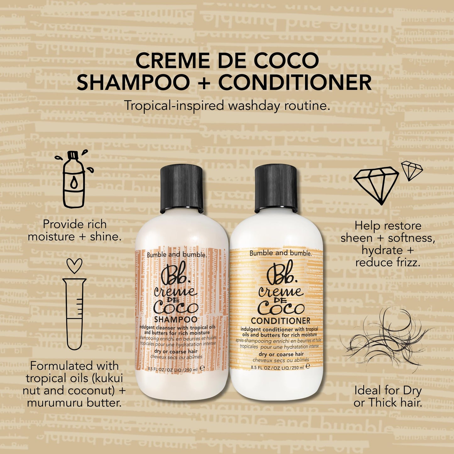 Bumble and bumble. Creme De Coco Shampoo | Provides Rich Moisture and Shine | Reduces Frizz | With Coconut Kukui Nut Murumuru Butter | For Dry Medium to Thick Curly, Wavy, Straight Hair