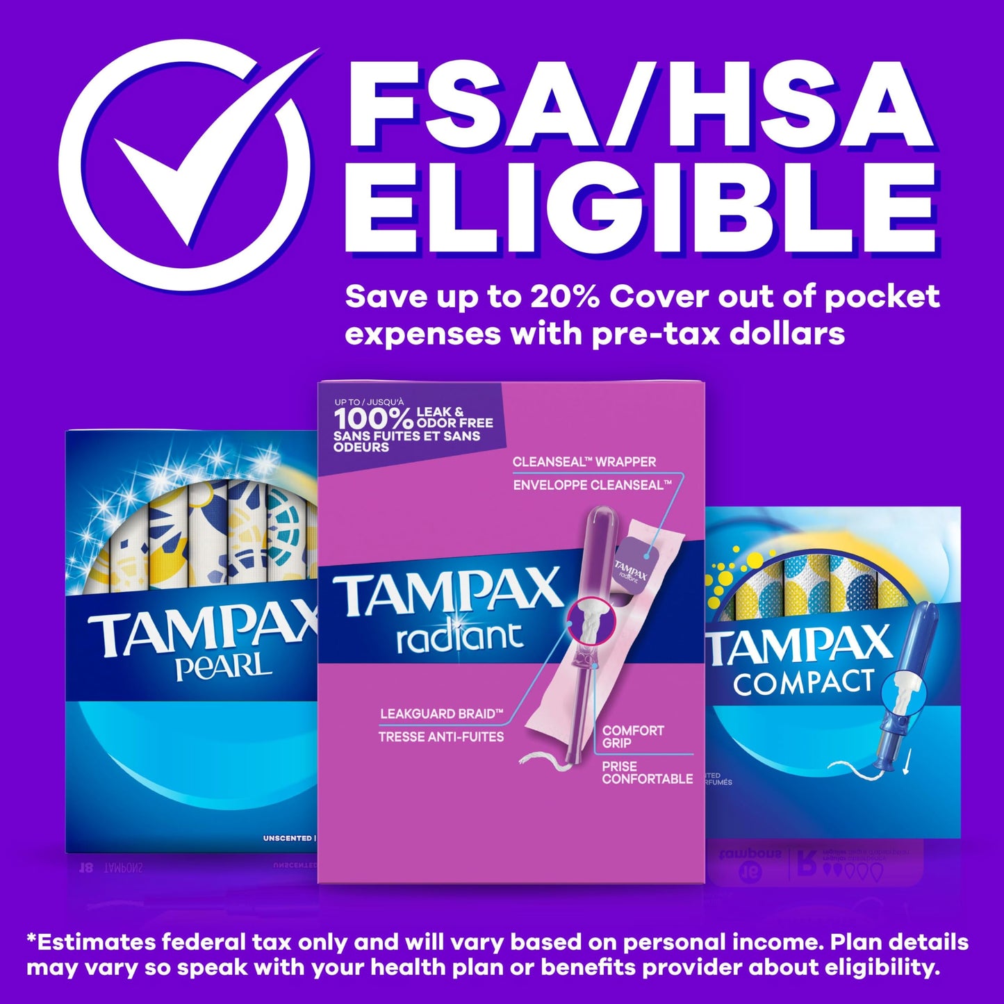 Tampax Radiant Tampons, with LeakGuard Braid, Super Plus Absorbency, Unscented, 28 Count