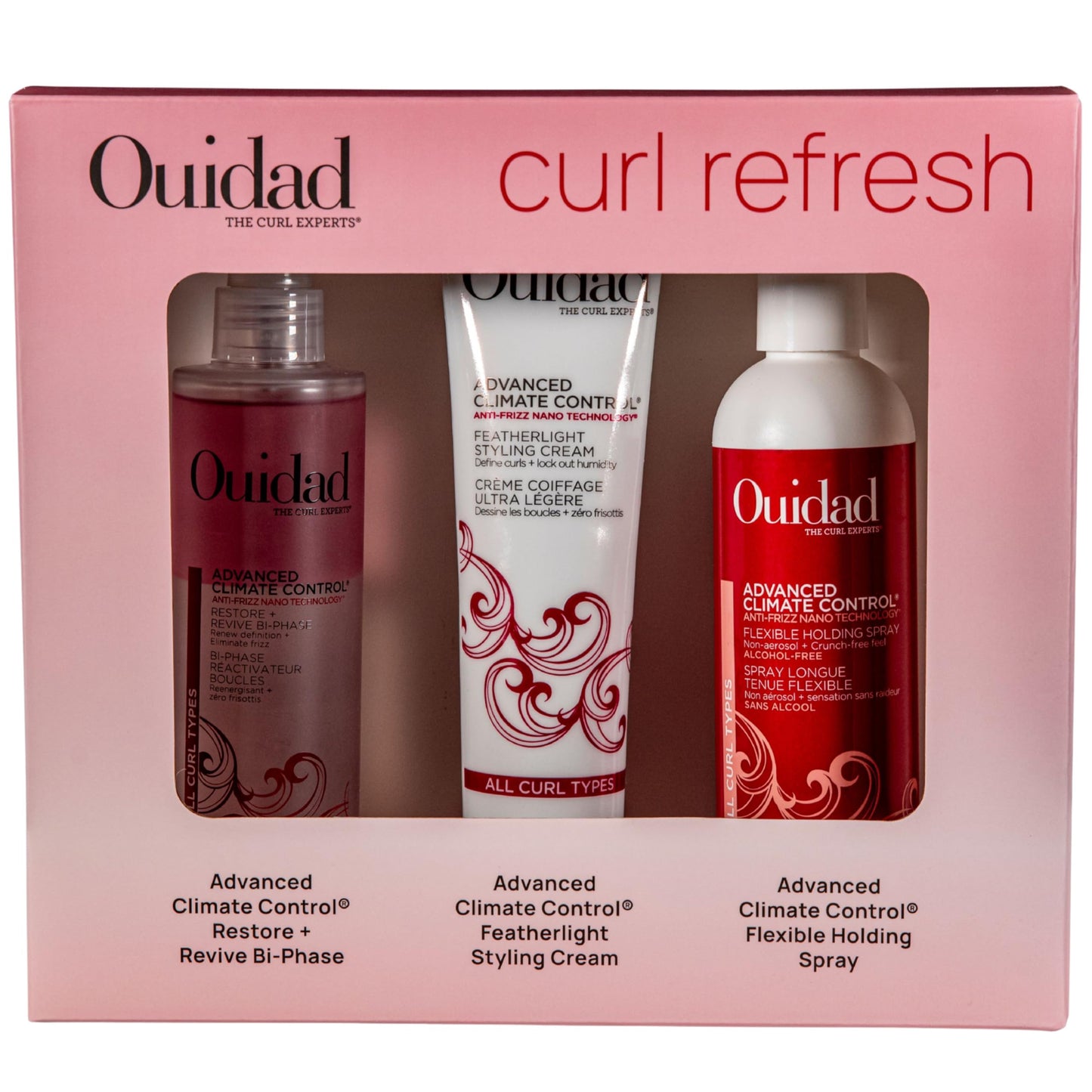 Ouidad Curl Refresh Bundle, Frizz Control Curl Defining Spray, 6 oz, Curly Hair Cream, 5.7 oz & Flexible Holding Spray, 8.5 oz, Lock in Moisture and Lock out Humidity, For All Curly Hair Types