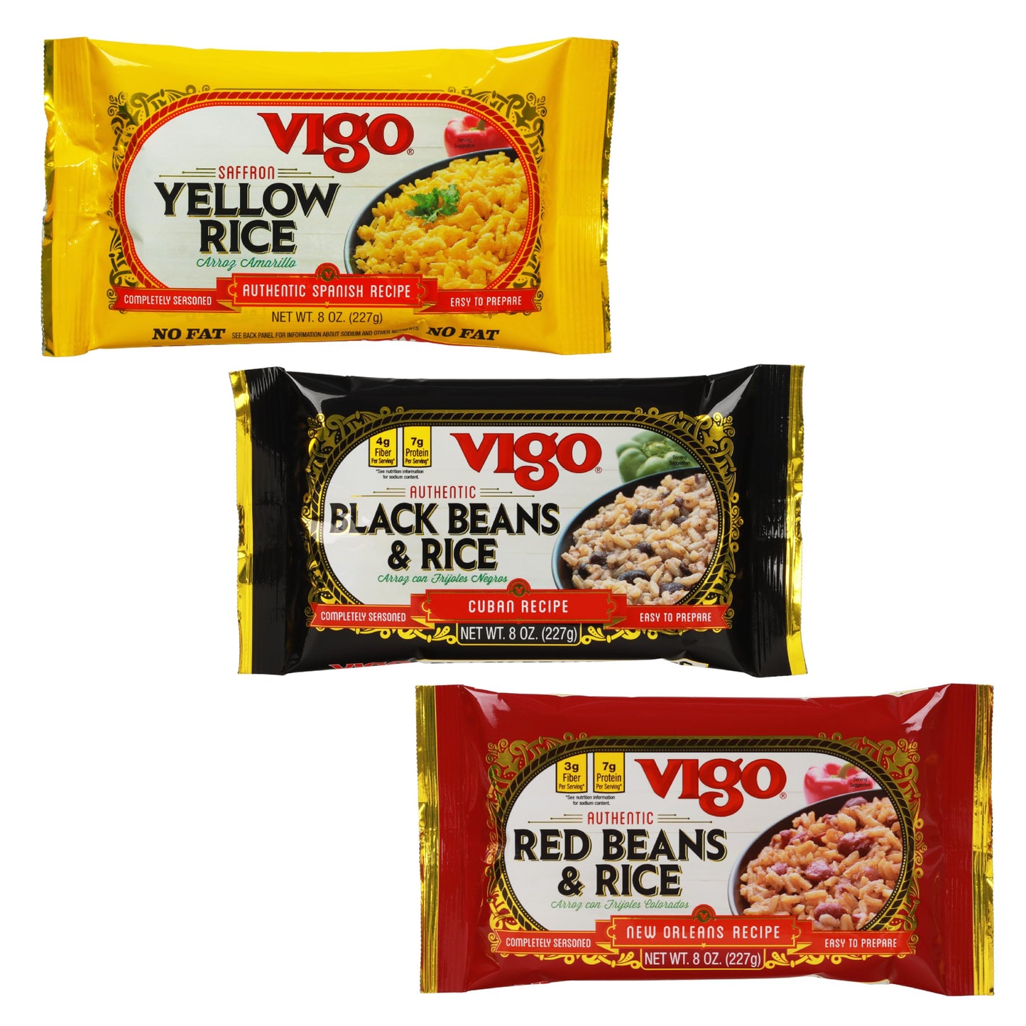 Vigo Authentic Rice Variety Pack, Low Fat, 8oz Pack of 3 (Saffron Yellow Rice, Red Beans & Rice, and Black Beans & Rice)