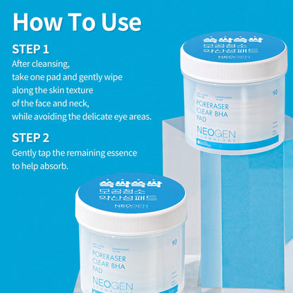NEOGEN DERMALOGY Poreraser Clear BHA Pad (90 pads) - Facial Exfoliant for Skin Resurfacing & Blackheads & Enlarged Pores with BHA & Tannins & Evening Primrose, Sensitive Skin - Korean Skin Care