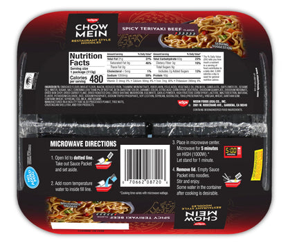 Nissin Chow Mein Noodles, Spicy Teriyaki Beef, 4 Ounce (Pack of 8)