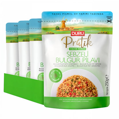Duru Ready Bulgur Pilaf with Vegetables, 250g x 4 Pack – Heat & Eat, 100% Natural, Non-GMO, BPA Free, No Trans Fat, No Preservatives