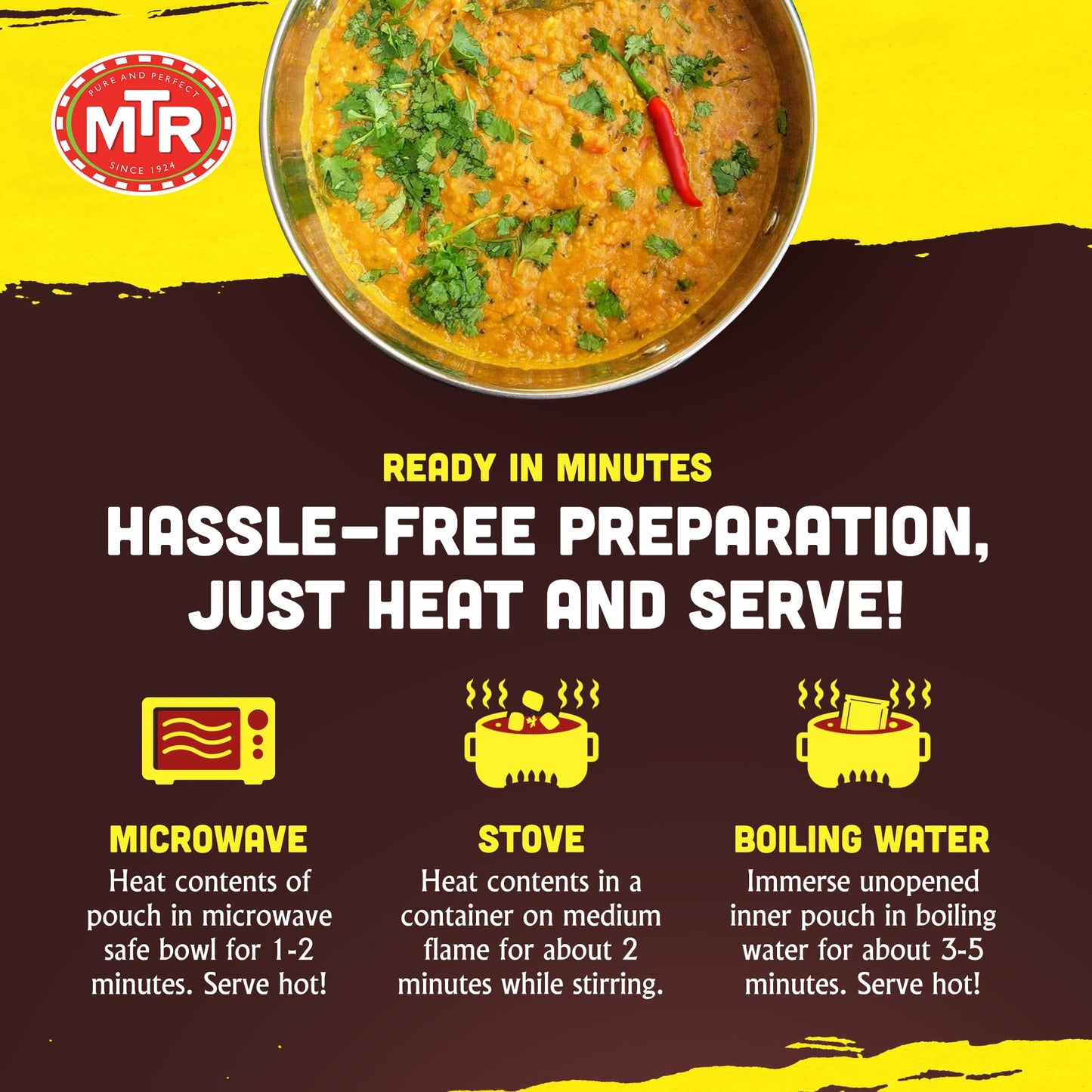 MTR - Minute Meals: Dal Fry - Flavorful Seasoned & Cooked Lentils - Authentic Indian Ready-To-Eat Meal - No Added Preservatives - A Quick Meal Suitable for Vegetarians, Ready in Minutes! (Pack of 6)