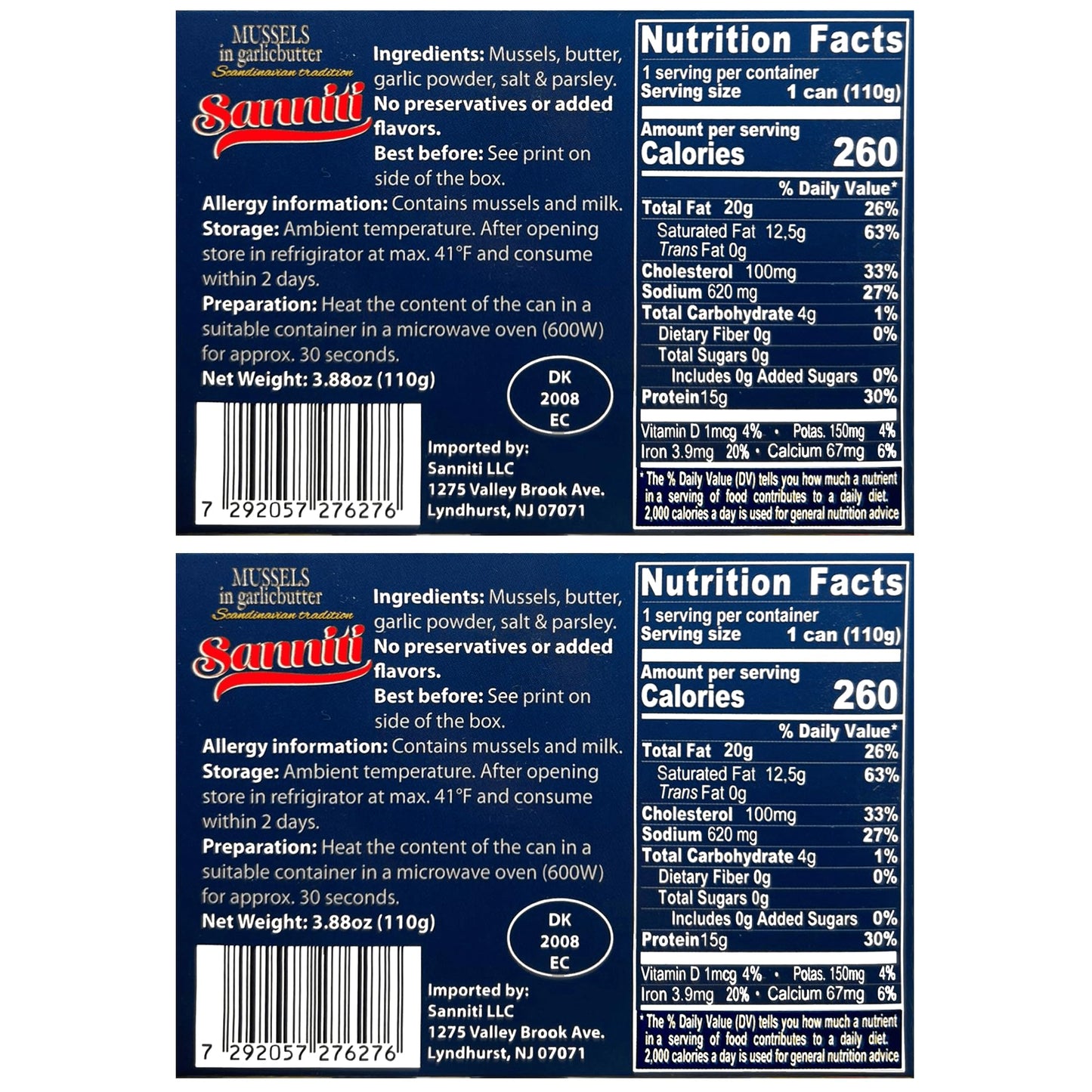 Sanniti Mussels in Garlic Butter, 3.9 oz | Scandinavian-Style Seafood | Heat & Serve | Product of Denmark | Natural Source of Omega-3