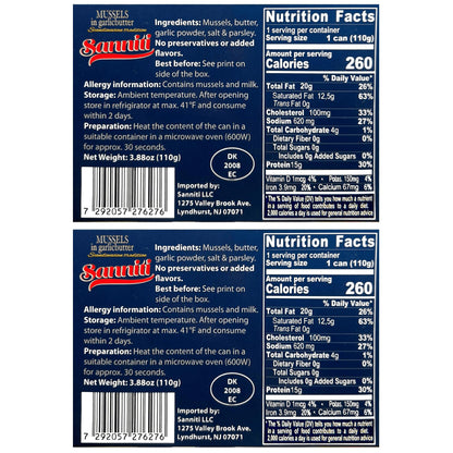 Sanniti Mussels in Garlic Butter, 3.9 oz | Scandinavian-Style Seafood | Heat & Serve | Product of Denmark | Natural Source of Omega-3
