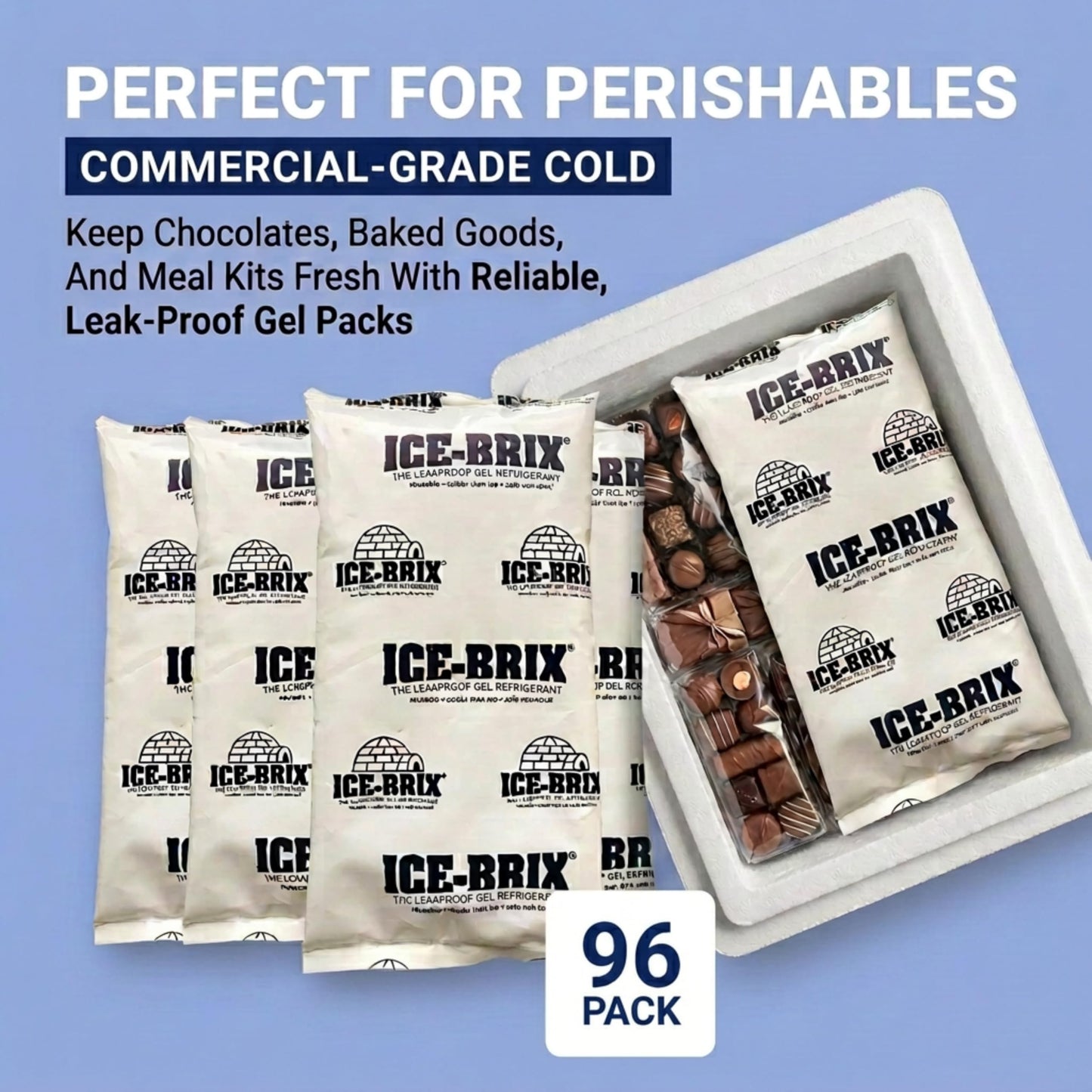 ICE-BRIX Ice Packs for Shipping 5 X 2 3/4" (96 Pack Bulk) Food-Safe Reusable Refrigerant Gel Ice Packs for Lunch Boxes, Coolers & Mailing Perishables; Instant Cold Packs for Shipping