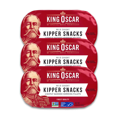 King Oscar Kipper Snacks, 3.54 Ounce Cans (Pack of 3), Lightly Smoked Herring Fillets, Wild Caught Canned Herring (Packaging May Vary)