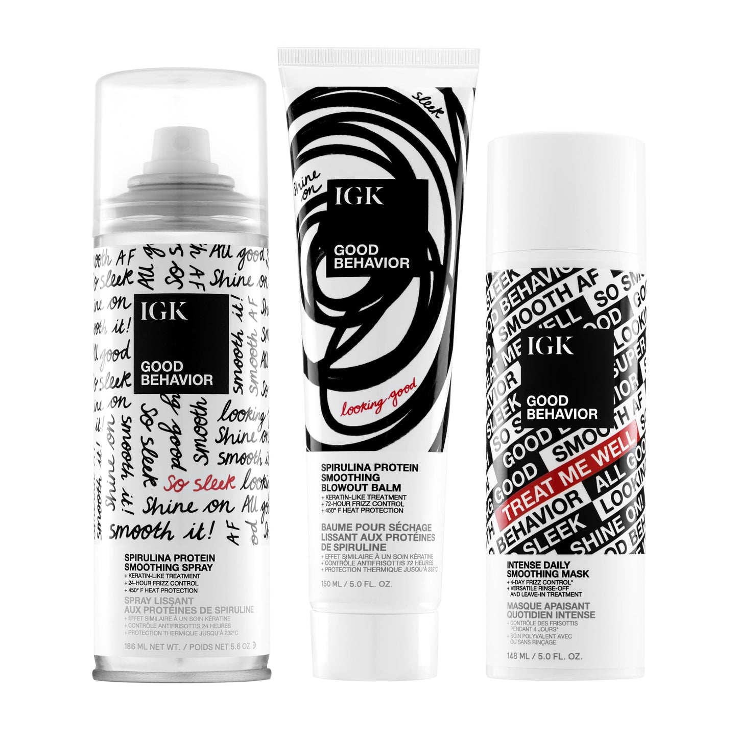 IGK Good Behavior Spirulina Protein Smoothing Spray + Blowout Balm + Intense Daily Smoothing Mask – Hair Repair & Styling Trio for Frizz Control, Shine & Manageability – Vegan & Cruelty-Free
