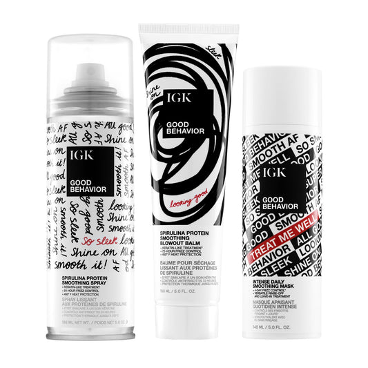IGK Good Behavior Spirulina Protein Smoothing Spray + Blowout Balm + Intense Daily Smoothing Mask – Hair Repair & Styling Trio for Frizz Control, Shine & Manageability – Vegan & Cruelty-Free