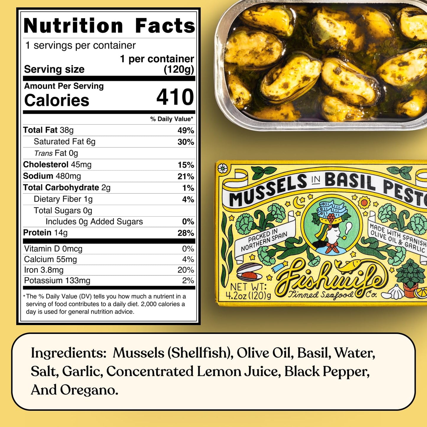 Fishwife Mussels In Basil Pesto 3-Pack (4.2 Ounce) | Hand-Packed in Spain | ASC-Certified Sustainable Seafood, Gluten Free, High Protein, Omega-3s | Responsibly Raised in Chile