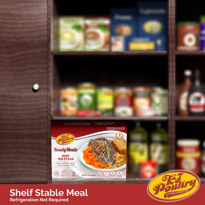 KJ Poultry Kosher Ready Meals - Beef Rib Steak & Kugel, MRE Meat Meals Ready to Eat, Shabbos Food (1 Pack) Prepared Entree Fully Cooked, Shelf Stable Microwave Dinner Travel Military Camping Survival