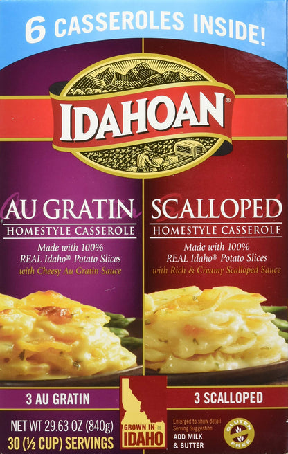 Idahoan Au Gratin and Scalloped Homestyle Casserole Potatoes, Made with Gluten-Free 100-Percent Real Idaho Potatoes, Combo Pack of 6 Boxes (5 Servings Each)