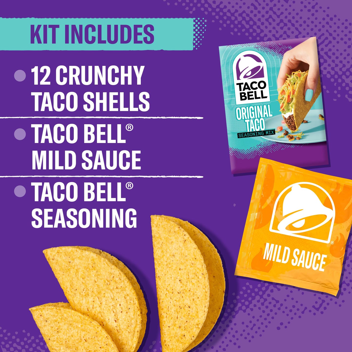 Taco Bell Crunchy Taco Cravings Kit with 12 Crunchy Taco Shells, Taco Bell Mild Sauce & Seasoning, 8.85 oz Box