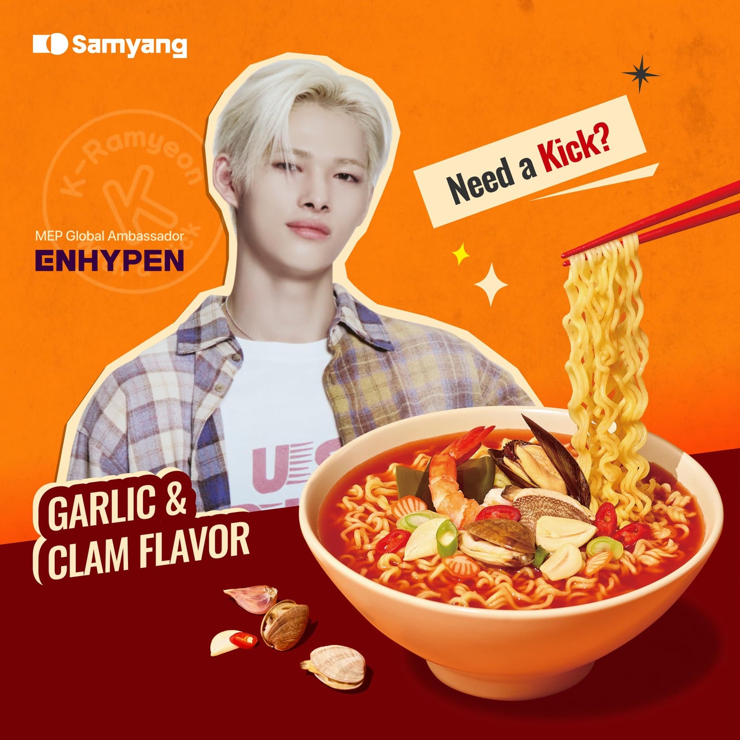 Samyang MEP Garlic Clam Ramen Spicy Instant Bowl Noodle Soup, Refreshing Seafood Broth Ramyeon, Quick Microwave Meal, 3.88 oz (Pack of 6 Bowls)