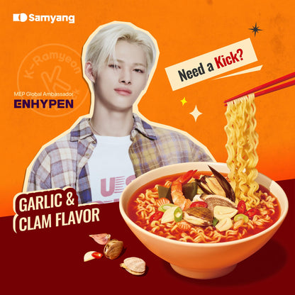 Samyang MEP Garlic Clam Ramen Spicy Instant Bowl Noodle Soup, Refreshing Seafood Broth Ramyeon, Quick Microwave Meal, 3.88 oz (Pack of 6 Bowls)