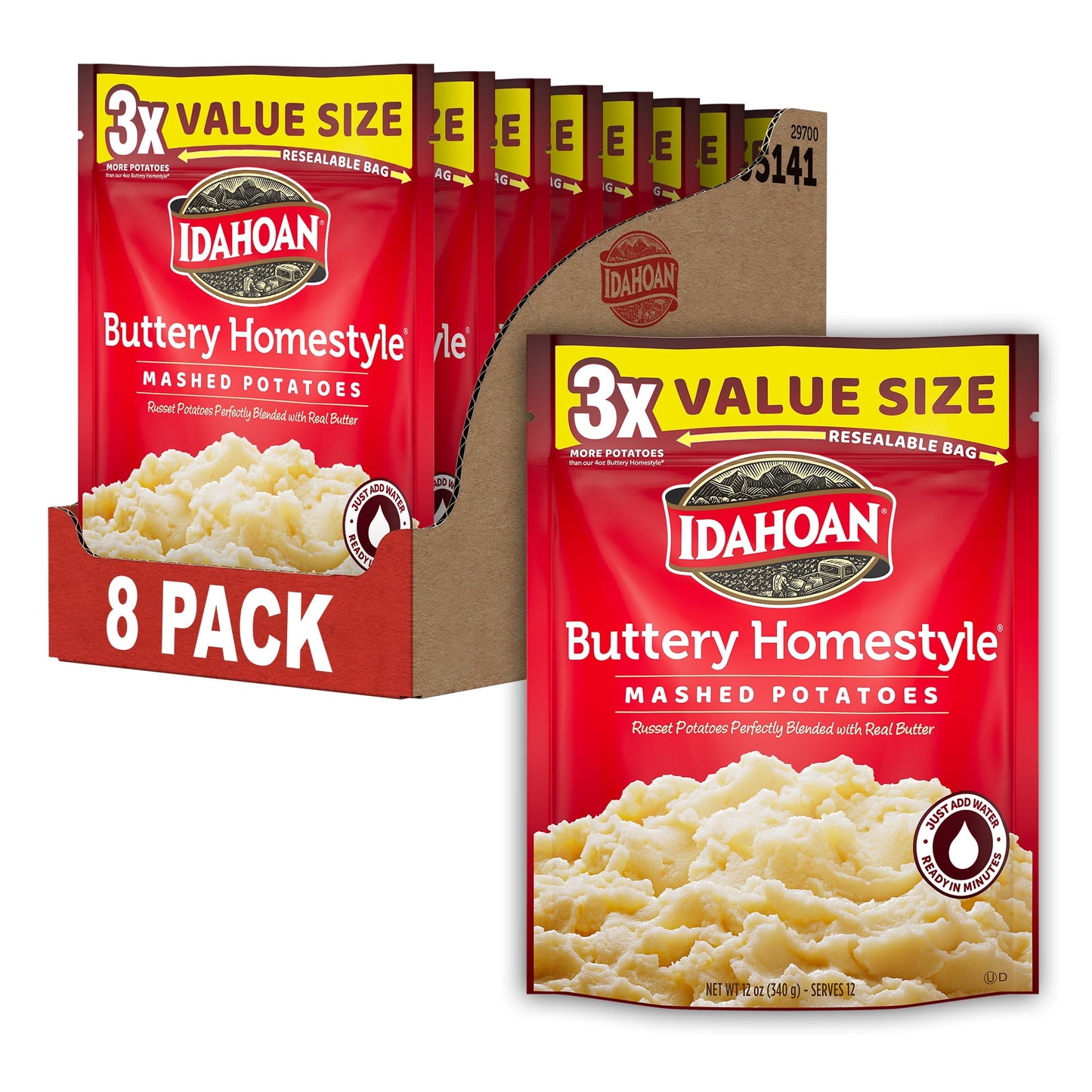 Idahoan Buttery Homestyle Value Size Mashed Potatoes, Naturally Gluten-Free, 100% Real Idaho potatoes, No Artificial Flavors or Dyes, 12 servings per bag, 12 oz (Pack of 8)
