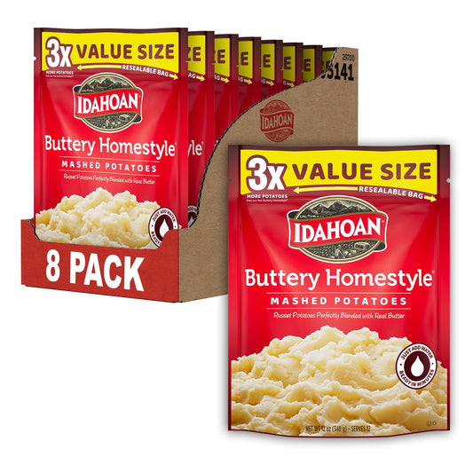 Idahoan Buttery Homestyle Value Size Mashed Potatoes, Naturally Gluten-Free, 100% Real Idaho potatoes, No Artificial Flavors or Dyes, 12 servings per bag, 12 oz (Pack of 8)