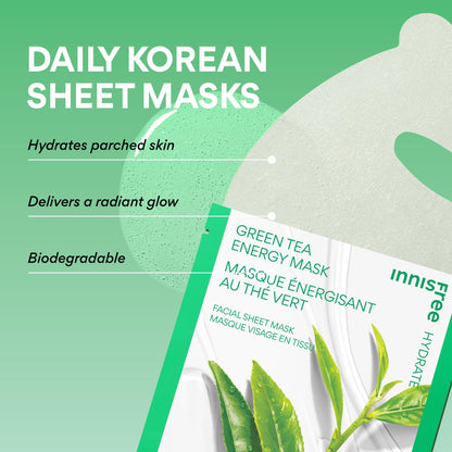 innisfree Energy Mask, Korean Sheet Mask with Hydrating Serum for Soothing, Brightening, and Glowing Skin Care Routine