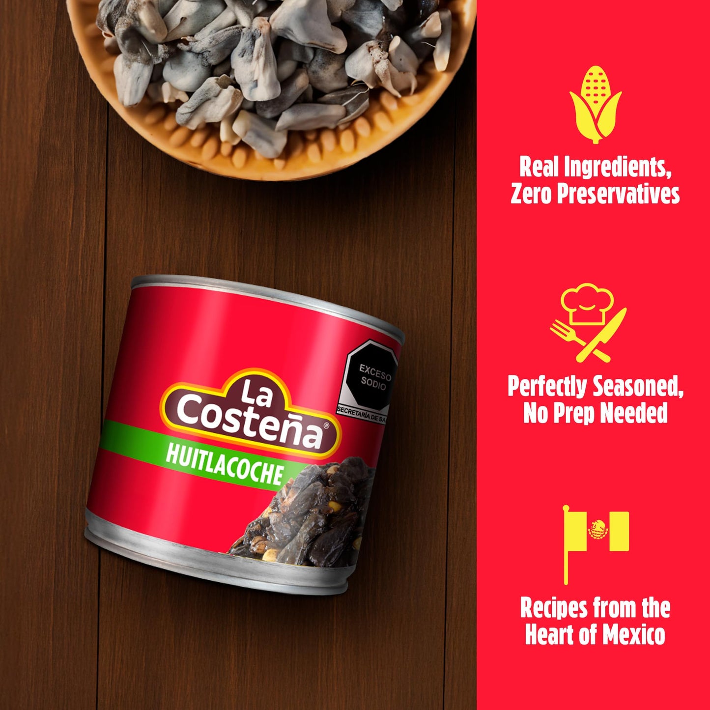 La Costeña Huitlacoche - Traditional Gourmet Mexican Food for Quesadillas, Tacos, Tamale, Umami - Canned Mexican Corn Truffle - Shelf Stable Non Perishable Food Items Ready to Eat - 13.4 oz, 12 Pack