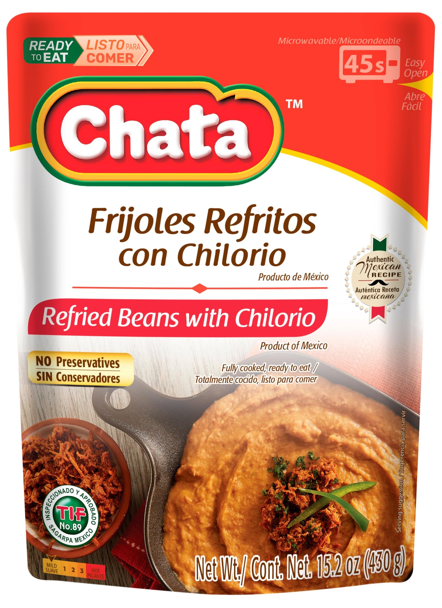 Chata Mexican Refried Beans with Pork Chilorio, 15.2 oz (Pack of 3)