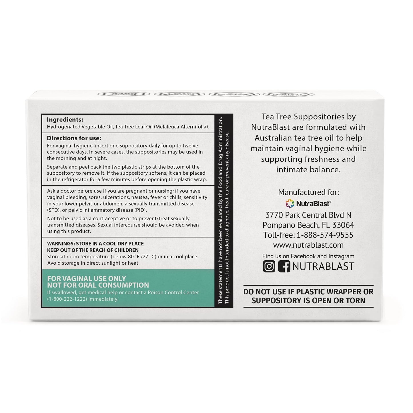 NutraBlast Tea Tree Oil Suppositories (12 Count) | All Natural Intimate Deodorant for Women | Restore Feminine Balance | Made in USA