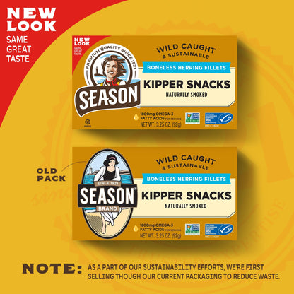 Season Kipper Snacks - Boneless Herring Fillets, Naturally Smoked Fish, Wild Caught, Keto Snacks, Non-GMO, Certified Sustainable Seafood, Non-GMO, 18g of Protein, 1800mg of Omega-3-3.25 Oz, 24-Pack