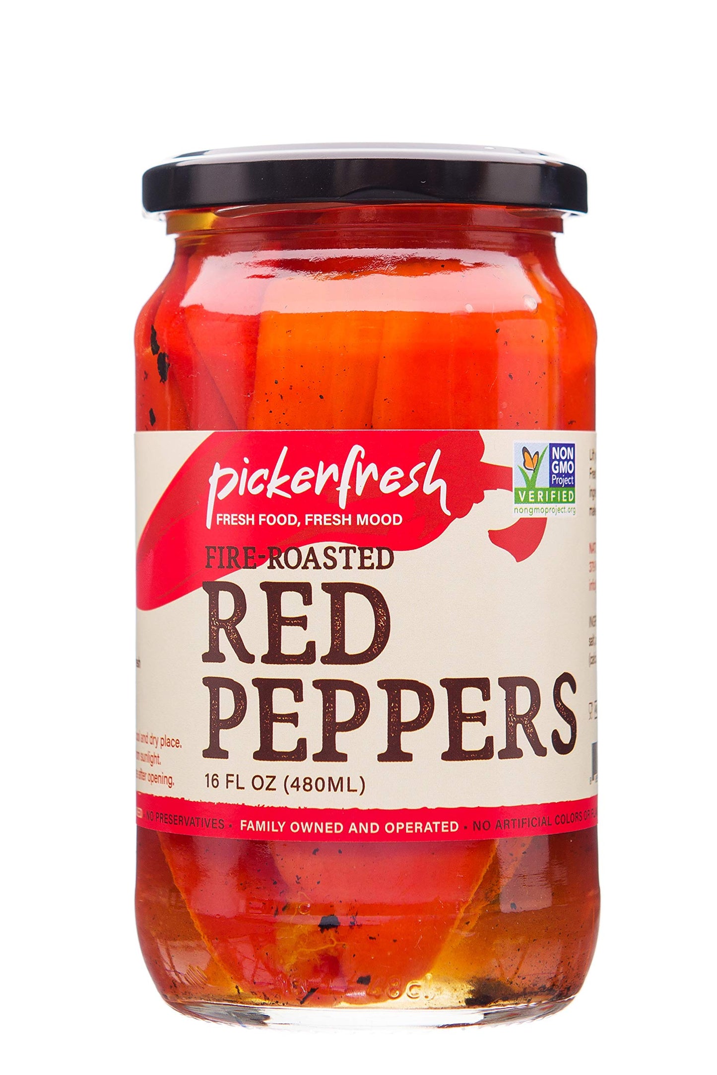 Pickerfresh Fire Roasted Red Peppers - Sweet & Tangy Peppers for Pasta & Pizza - Simple Ingredients - Non-GMO, No Artificial Color & No Preservatives - 16 oz