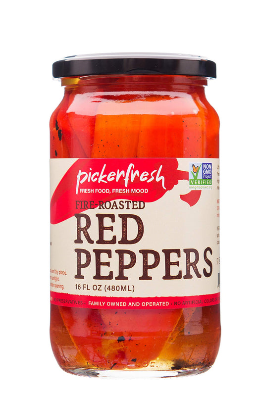 Pickerfresh Fire Roasted Red Peppers - Sweet & Tangy Peppers for Pasta & Pizza - Simple Ingredients - Non-GMO, No Artificial Color & No Preservatives - 16 oz