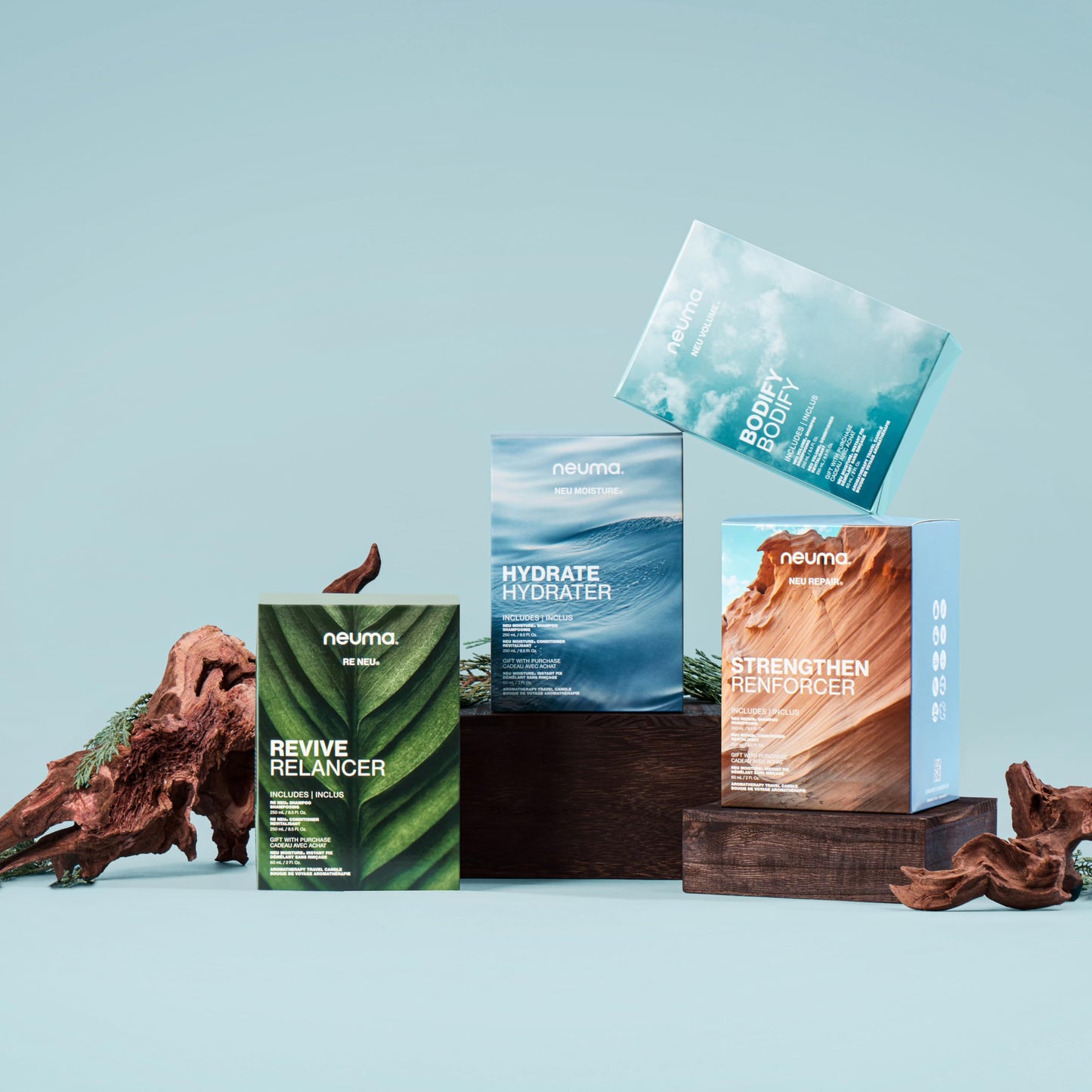 NEUMA Glow Strong. Glow Bright. Hydrate Gift Set. Neu Moisture 8.5 Fl Oz. Shampoo and Conditioner + 2 Fl. Oz. Instant Fix + Aroma Therapy Travel Candle