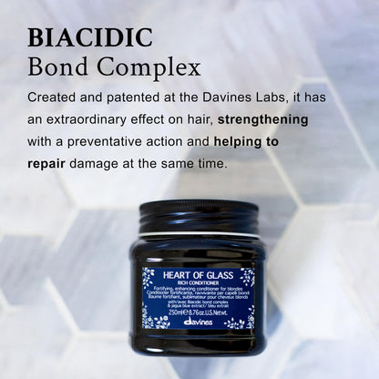 Davines Heart of Glass Rich Conditioner, Fortifying Treatment for Blonde & Silver Hair - Biacidic Bond Complex Repairs, Brightens & Nourishes with Jagua Blue Extract - Weightless Finish