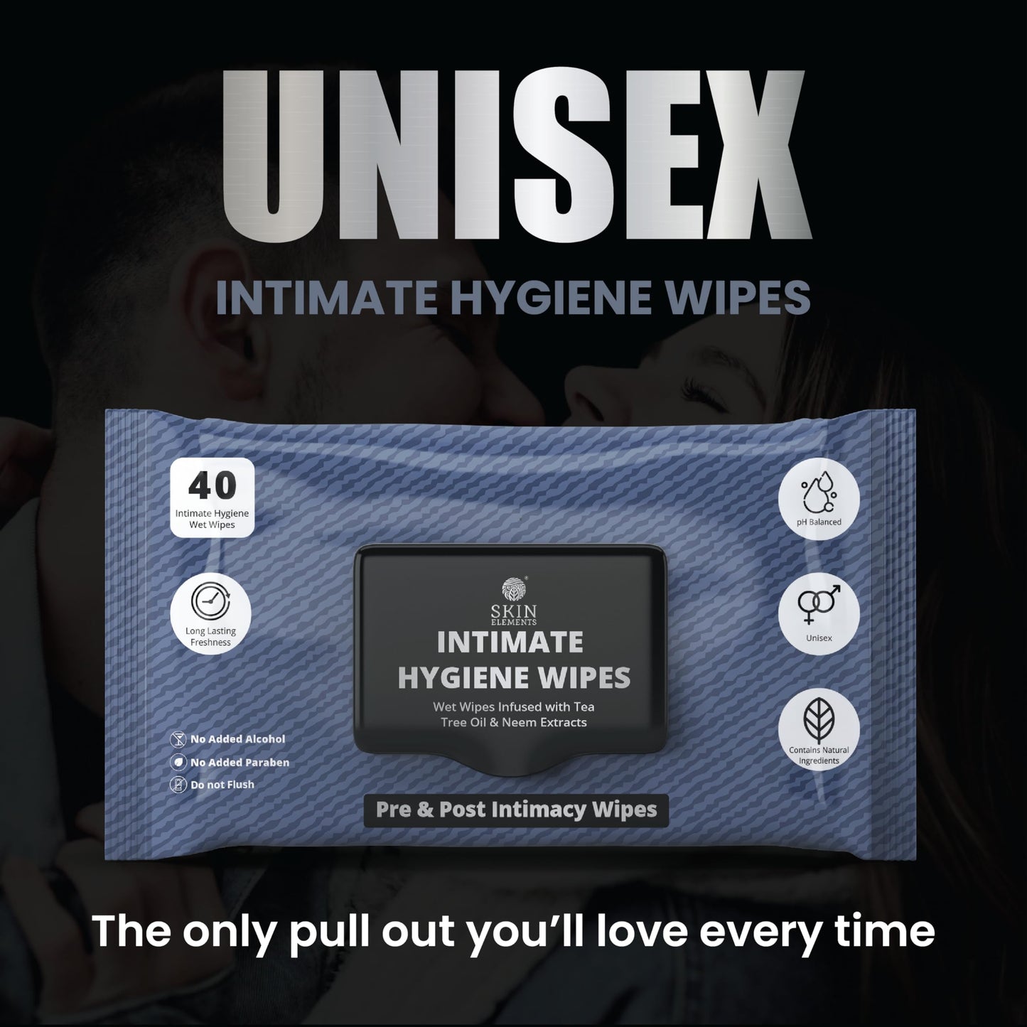 Skin Elements Intimate Hygiene Wipes | Unisex | pH Balanced Wet Wipes | Tea Tree Oil & Neem Extracts | 40 Intimate Hygiene Wet Wipes | For Pre and Post Intimacy
