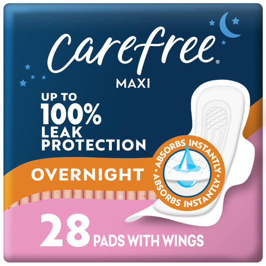 Carefree Maxi Pads for Women, Overnight Pads with Wings, 28ct | Carefree Pads, Feminine Care, Period Pads & Postpartum Pads | 28ct (Pack of 1)