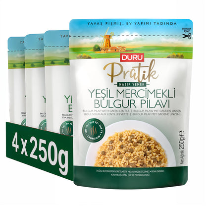 Duru Ready Bulgur Pilaf with Green Lentils, 250g x 4 Pack – Heat & Eat, 100% Natural, Non-GMO, BPA Free, No Trans Fat, No Preservatives