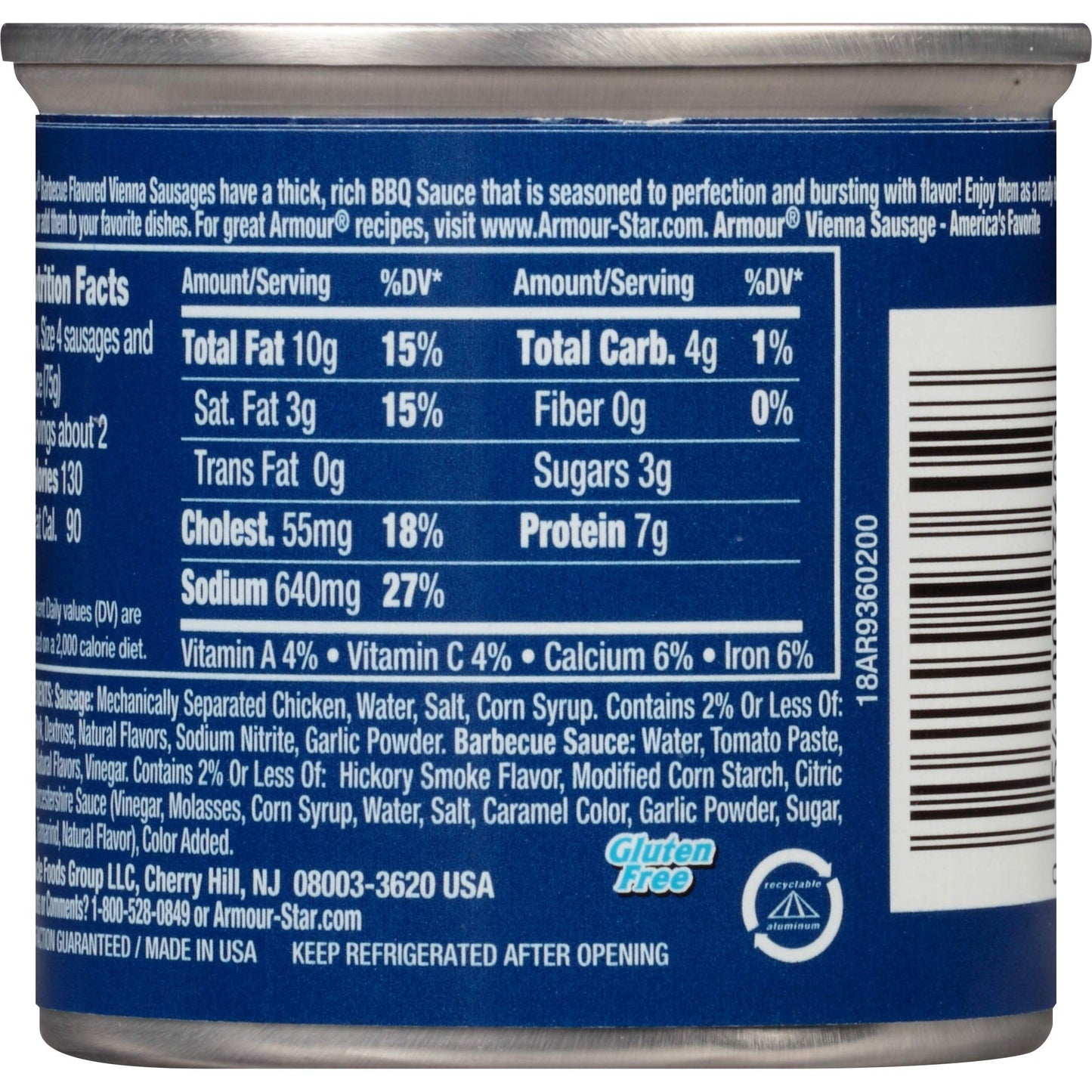 Armour Star Vienna Sausage, BBQ Flavored, Ready to Eat Canned Sausage, 7g Protein Per Serving, 4.6 oz. (Bulk Pack of 24)