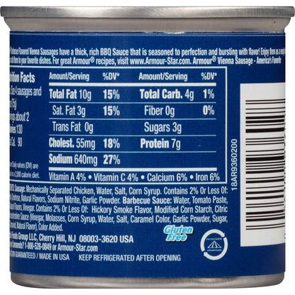 Armour Star Vienna Sausage, BBQ Flavored, Ready to Eat Canned Sausage, 7g Protein Per Serving, 4.6 oz. (Bulk Pack of 24)