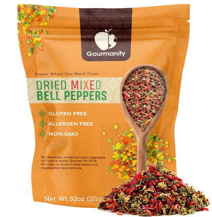 Gourmanity Dried Red and Green Bell Peppers Mix, 32oz Flavorful Diced Peppers Fresh and Appetizing, Perfect for Ramen Toppings Soups Stir-Frys and Stews, All Natural, Packed in a Resealable Bag