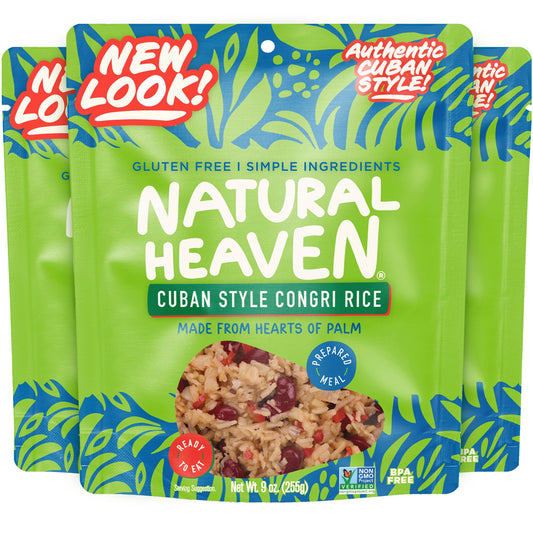 Natural Heaven Hearts of Palm Cuban Style Congri Rice, Ready & Seasoned 3-Pack – Prepared Meals, New Recipe, Vegan Food, 9 Oz Pouches