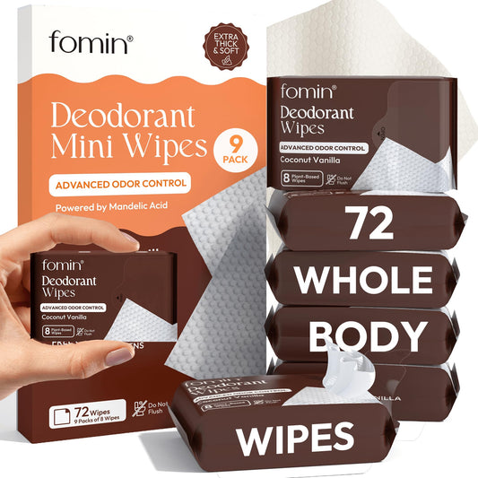 FOMIN Acidified Travel Deodorant Mini Wipes For Women & Men- Coconut Vanilla - 72 Count - pH Balanced, Biodegradeable Mini Deodorant Travel Size Wipes - Plastic-Free, Underarm Body Wipes