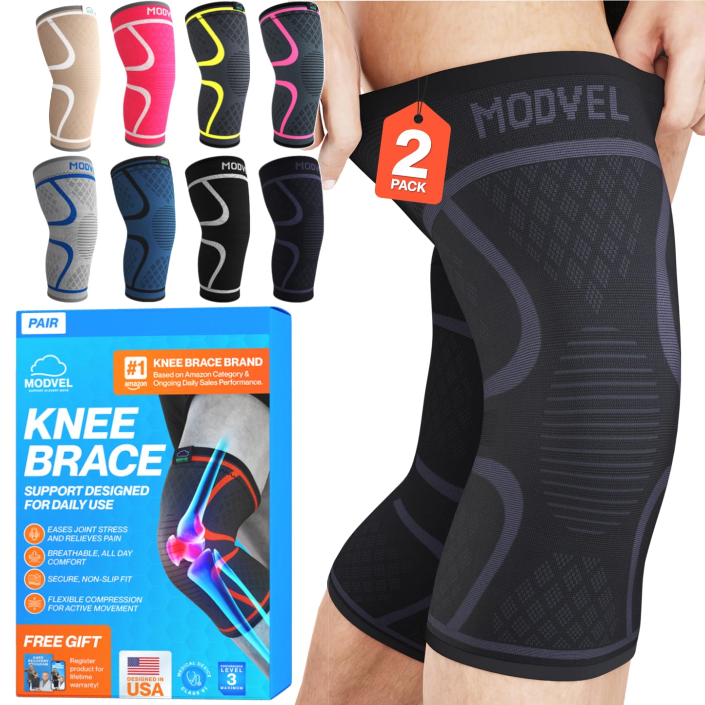 Modvel 2 Pack Knee Brace for Women & Men - Workout Knees Compression Sleeve for Knee Pain Relief Joint Support for ACL, Arthritis, Meniscus Tear Knees Brace for Sports, Rodilleras para Gym Fitness