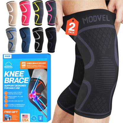 Modvel 2 Pack Knee Brace for Women & Men - Workout Knees Compression Sleeve for Knee Pain Relief Joint Support for ACL, Arthritis, Meniscus Tear Knees Brace for Sports, Rodilleras para Gym Fitness