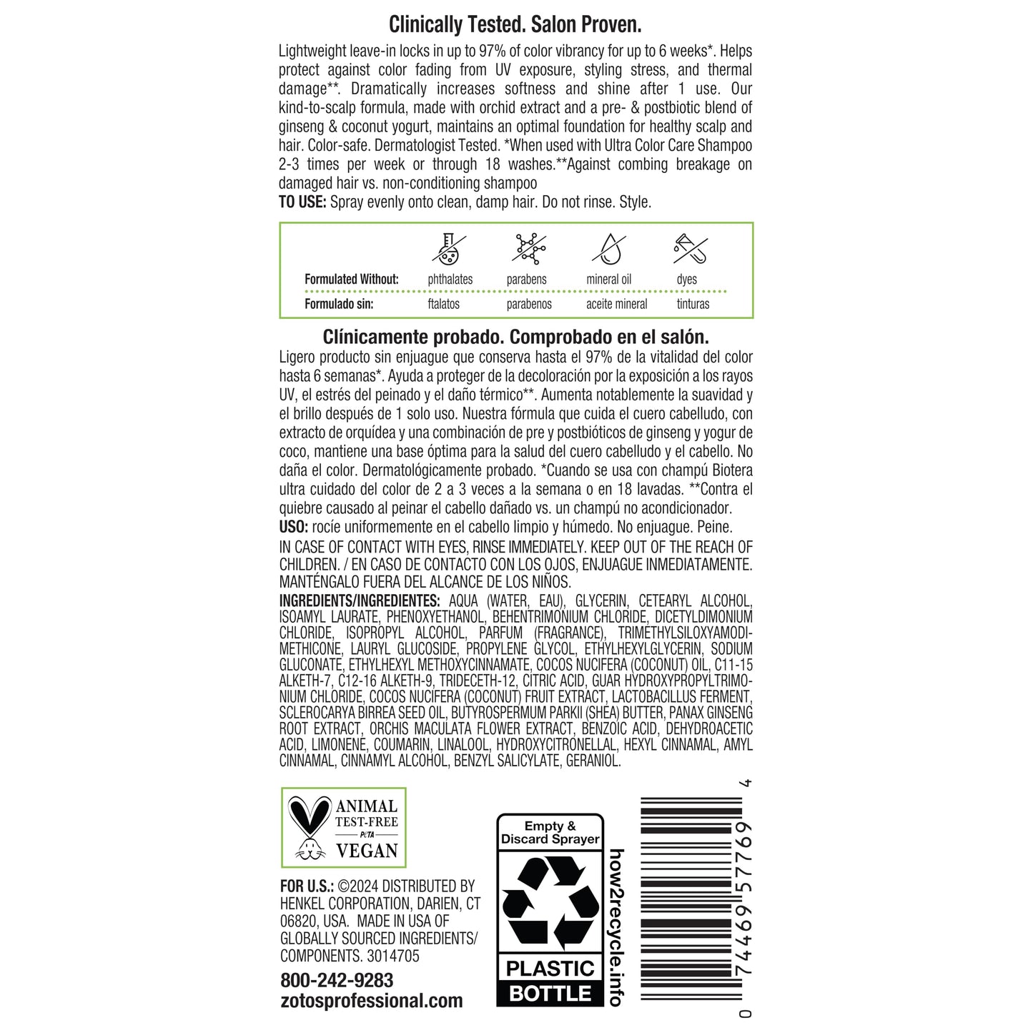 Biotera Ultra Color Care Lock Leave-In Conditioner Spray | Locks In Color Vibrancy | Heat Protectant Treatment | Color-Treated Hair | Vegan & Animal Test-Free | Paraben & Sulfate-Free | Color-Safe