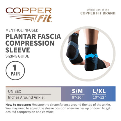 Copper Fit ICE Plantar Fascia Compression Foot and Ankle Sleeve Infused with Menthol, 1 Pair