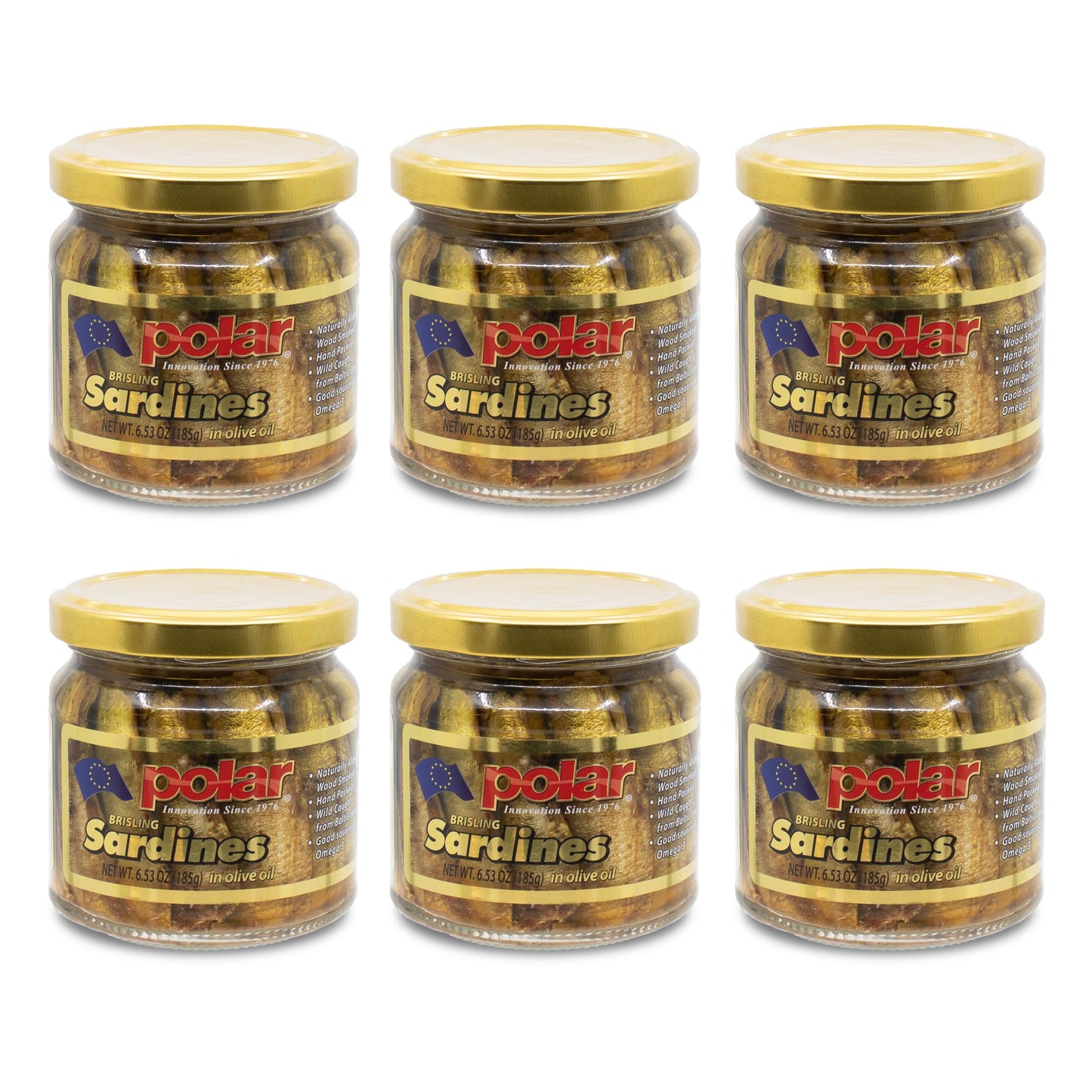 MW Polar Naturally Alder Wood Smoked Brisling Sardines in Olive Oil, 6.5oz Jar (Pack of 6) | Kosher Friendly, Wild-Caught, Hand-Packed, High in Omega-3, Keto, Paleo, Gluten-Free, Non-GMO