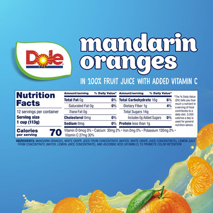 Dole Fruit Bowls Mandarin Oranges in 100% Juice Snacks, 4oz 12 Total Cups, Gluten & Dairy Free, Bulk Lunch Snacks for Kids & Adults