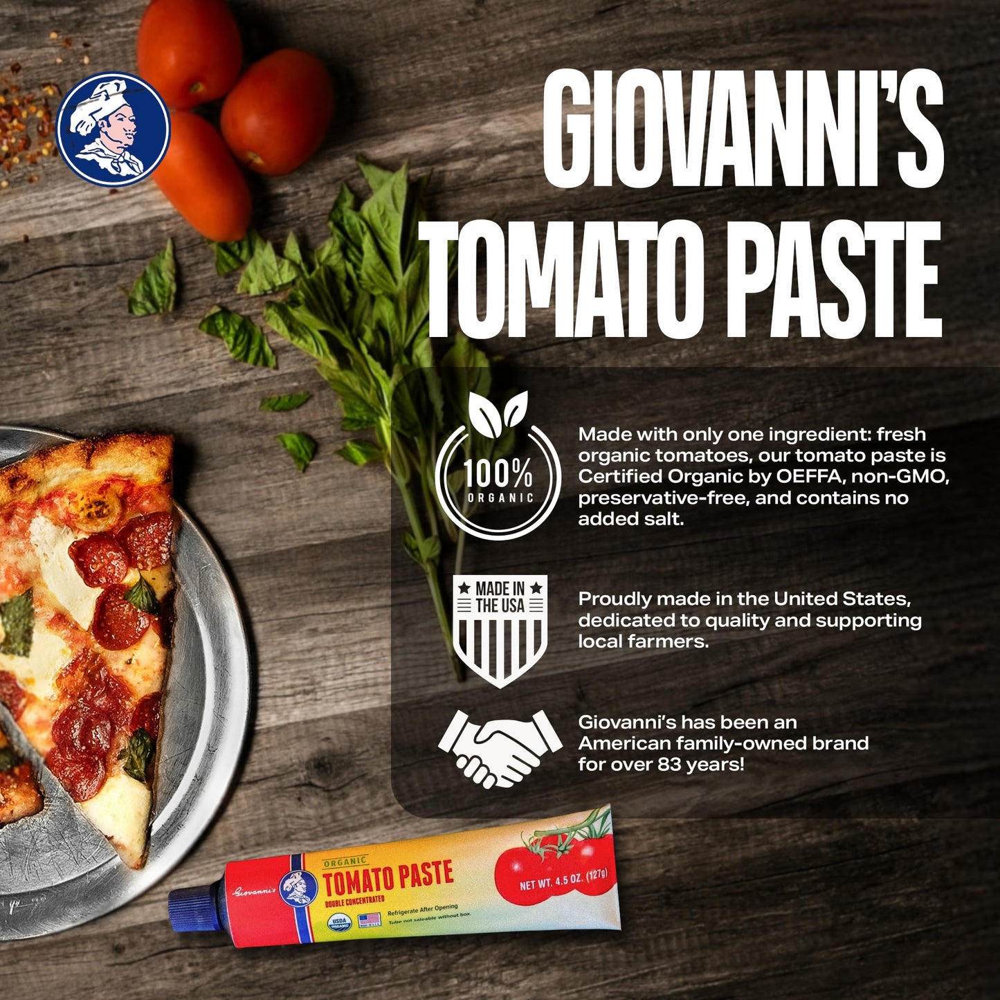 Giovanni’s Organic Double Concentrated Tomato Paste – 2 Pack (4.5 oz Tubes) | Made in the USA with Vine-Ripened California Tomatoes, Non-GMO, No Additives, Rich Flavor