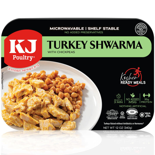 KJ Poultry Kosher Ready Meals - Turkey Shwarma, MRE Meat Meals Ready to Eat, Gluten Free, Halal, (1 Pack) Prepared Entree Fully Cooked, Shelf Stable Microwave Dinner, Travel, Military, Camping