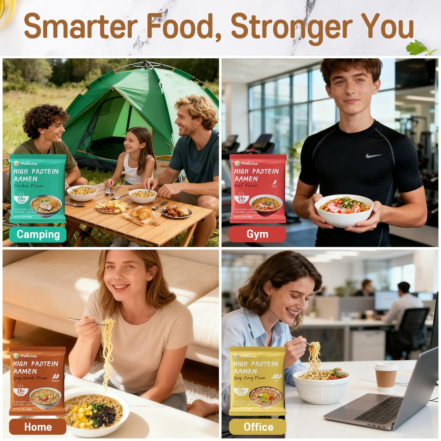 Hethstia High Protein Ramen Noodles Variety Pack - Chicken, Spicy ”Beef, Kimchi, Curry”, 26g Plant-Based Protein Vegan Noodles, 8 Pack | Low Sugar, Low Fat, Non-Fried, Non-GMO, Healthy Asian Meal